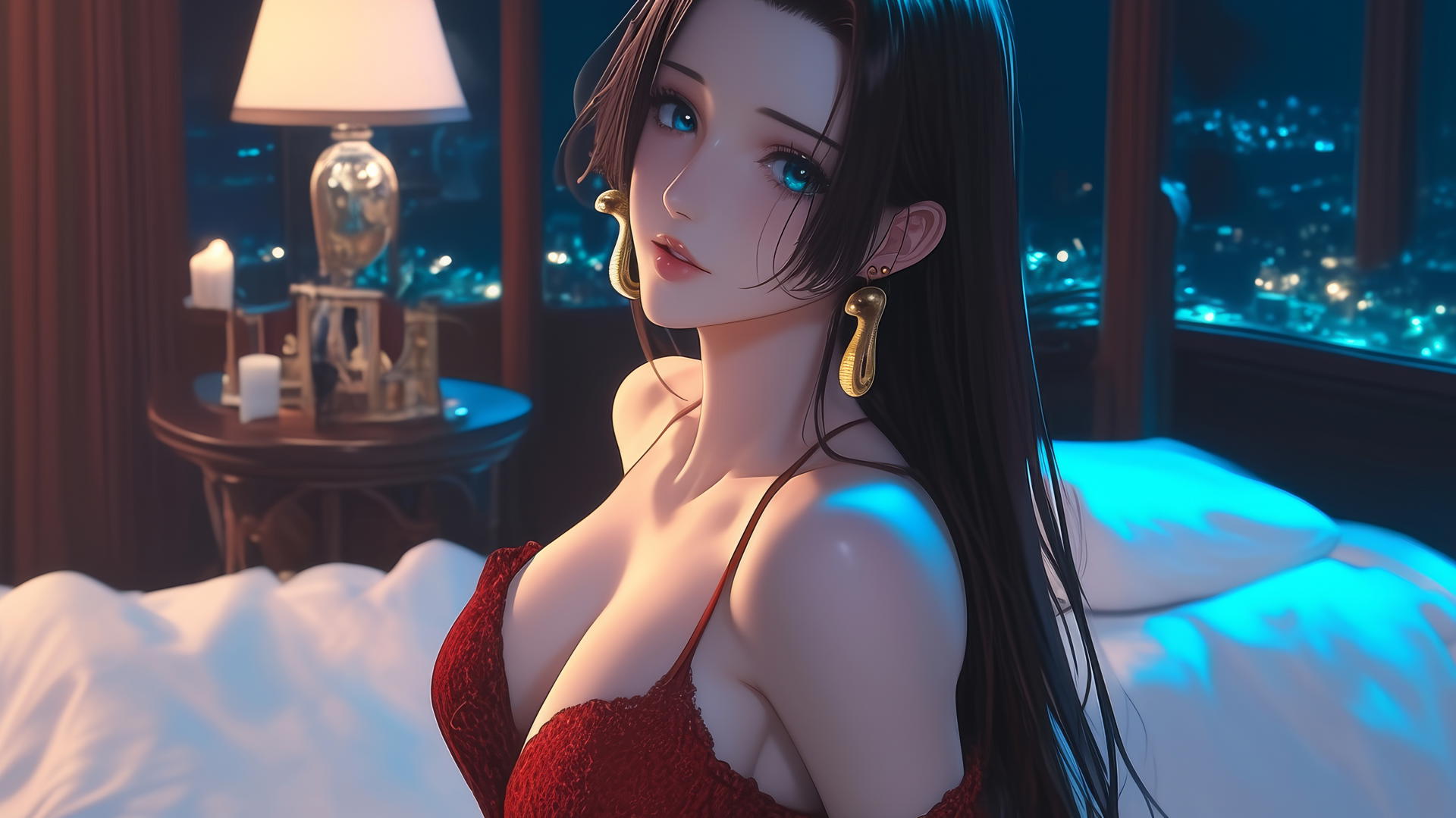 Boa Hancock in a Christmas-themed outfit, illuminated by neon lights in a modern hotel room.