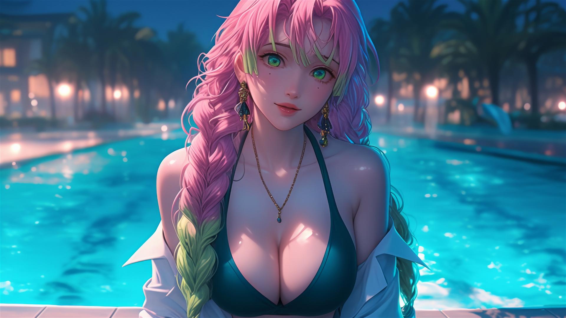 Mitsuri Kanroji from Demon Slayer rests by a rainy swimming pool under moonlight.