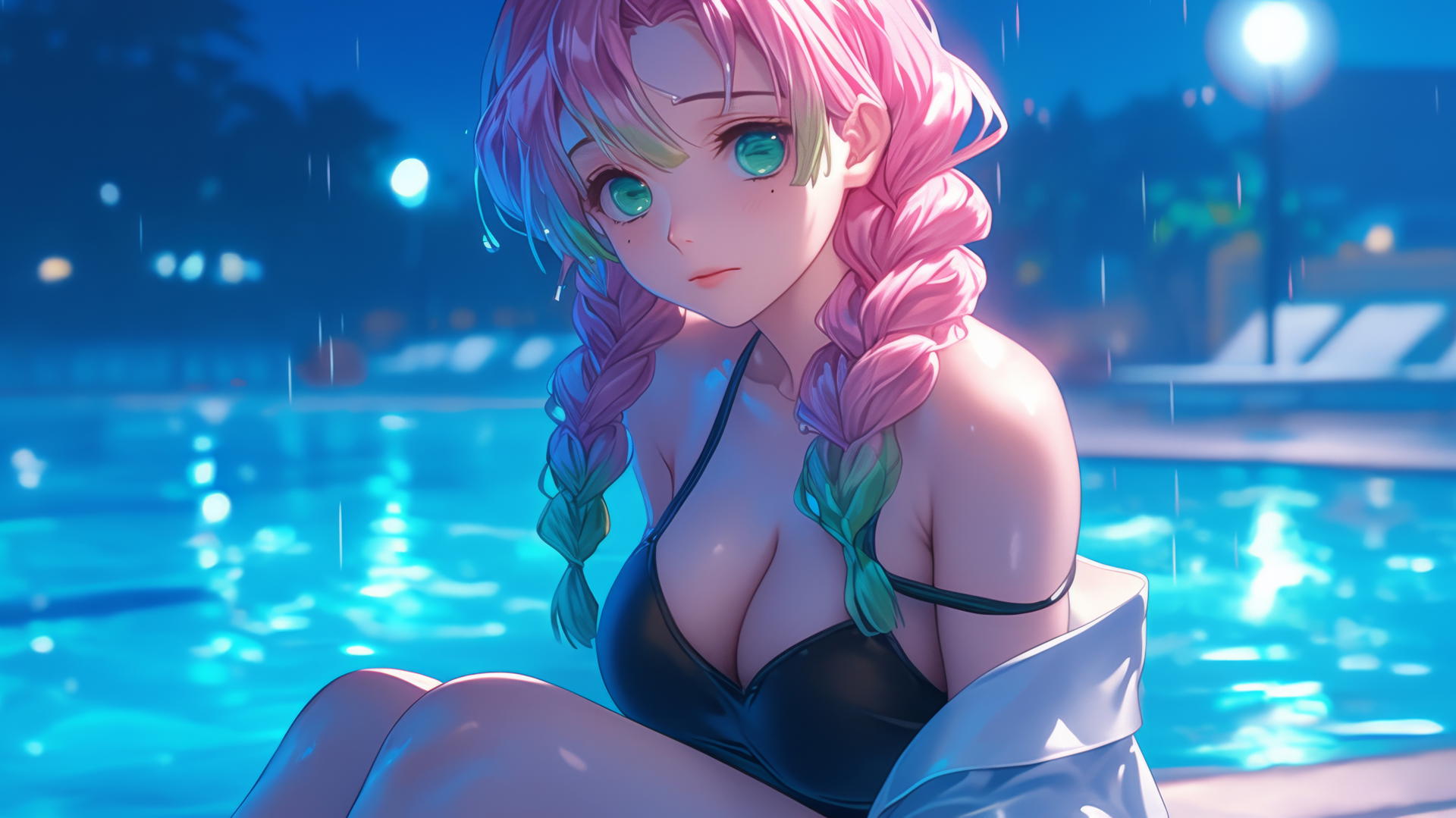 Mitsuri Kanroji resting by a rainy swimming pool under moonlight, with light pink and lime green hair.