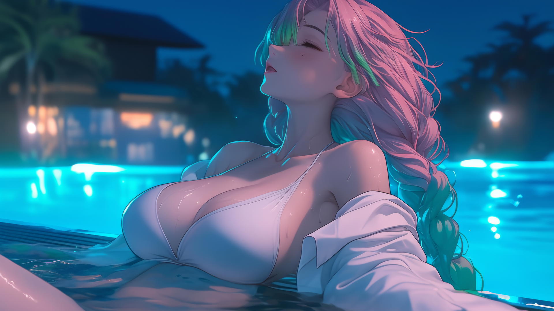Mitsuri Kanroji from Demon Slayer resting by a rainy swimming pool under moonlight.