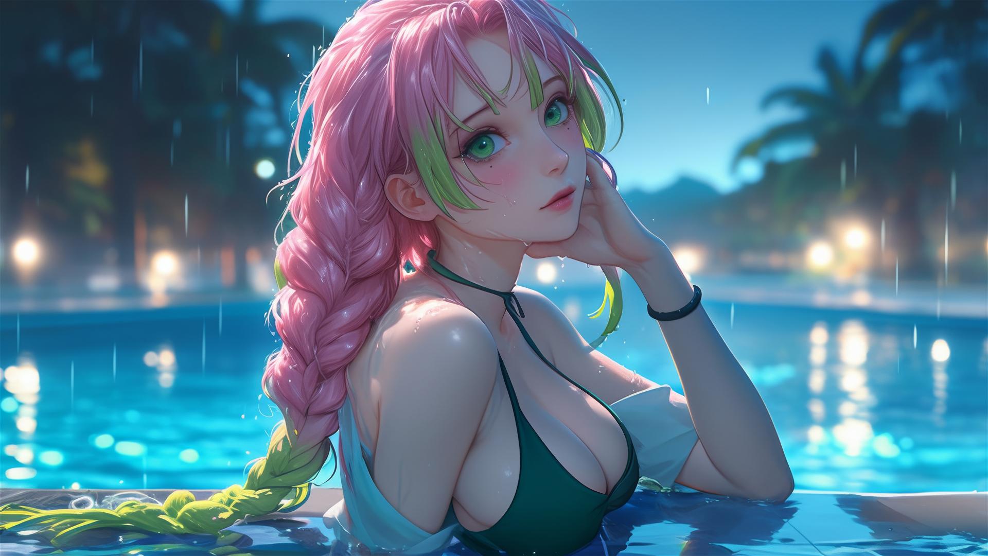 Mitsuri Kanroji resting by a rainy swimming pool under moonlight