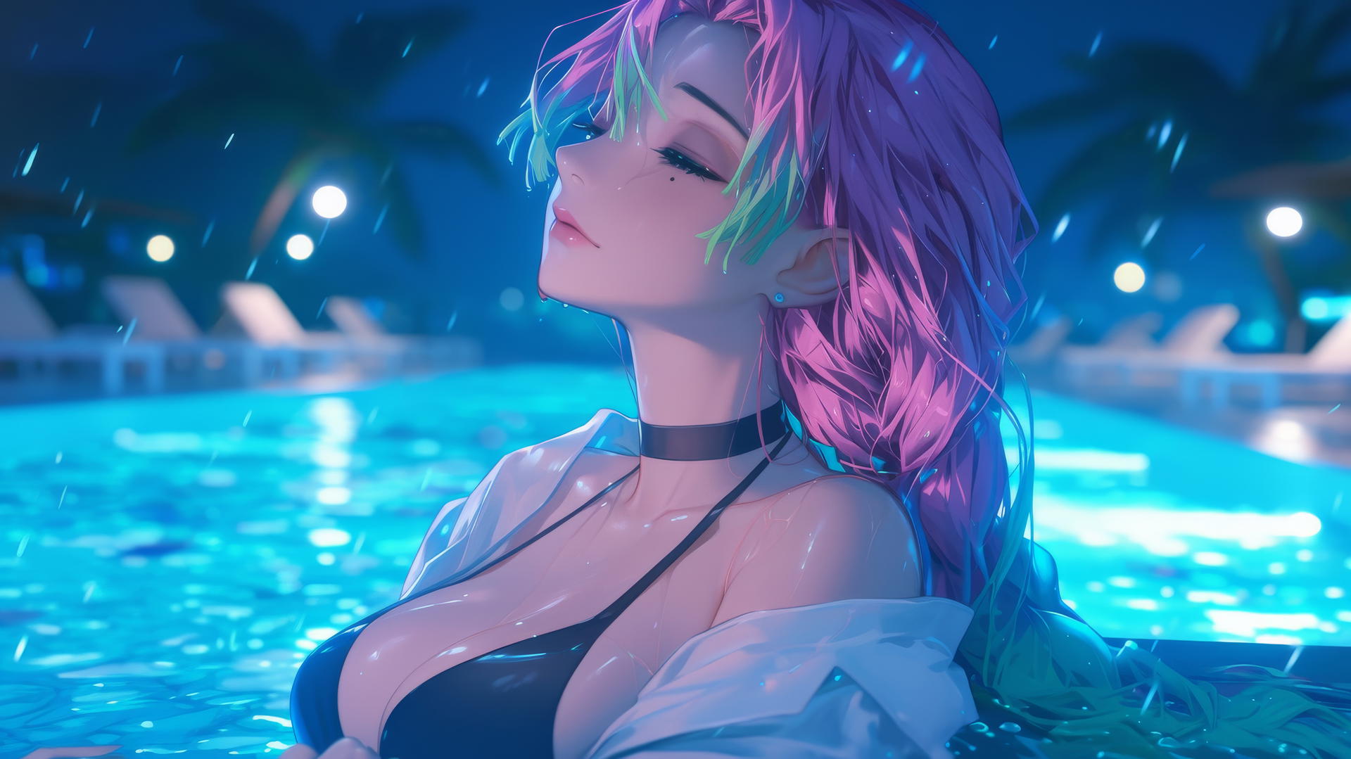 Mitsuri Kanroji resting by a rainy swimming pool under moonlight.