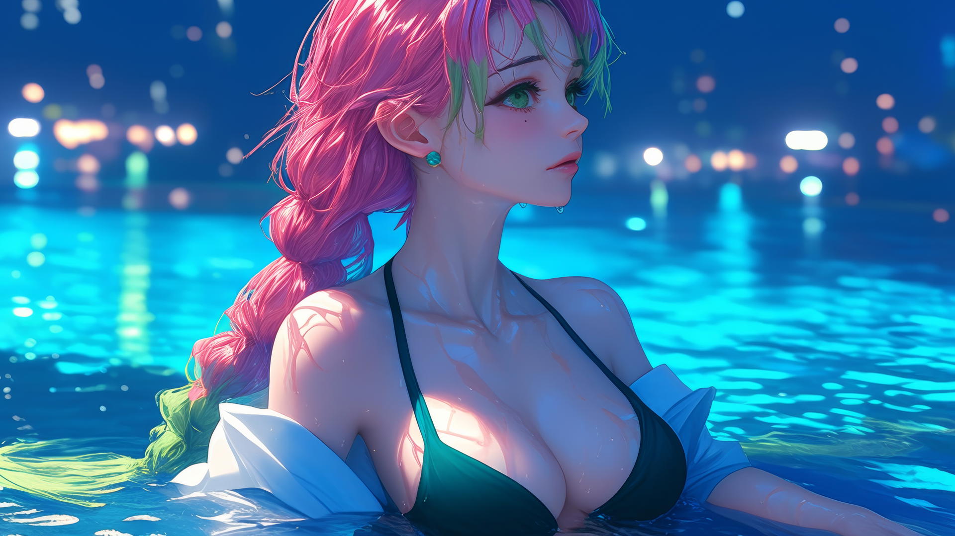 Mitsuri Kanroji from Demon Slayer resting by a rainy swimming pool under moonlight