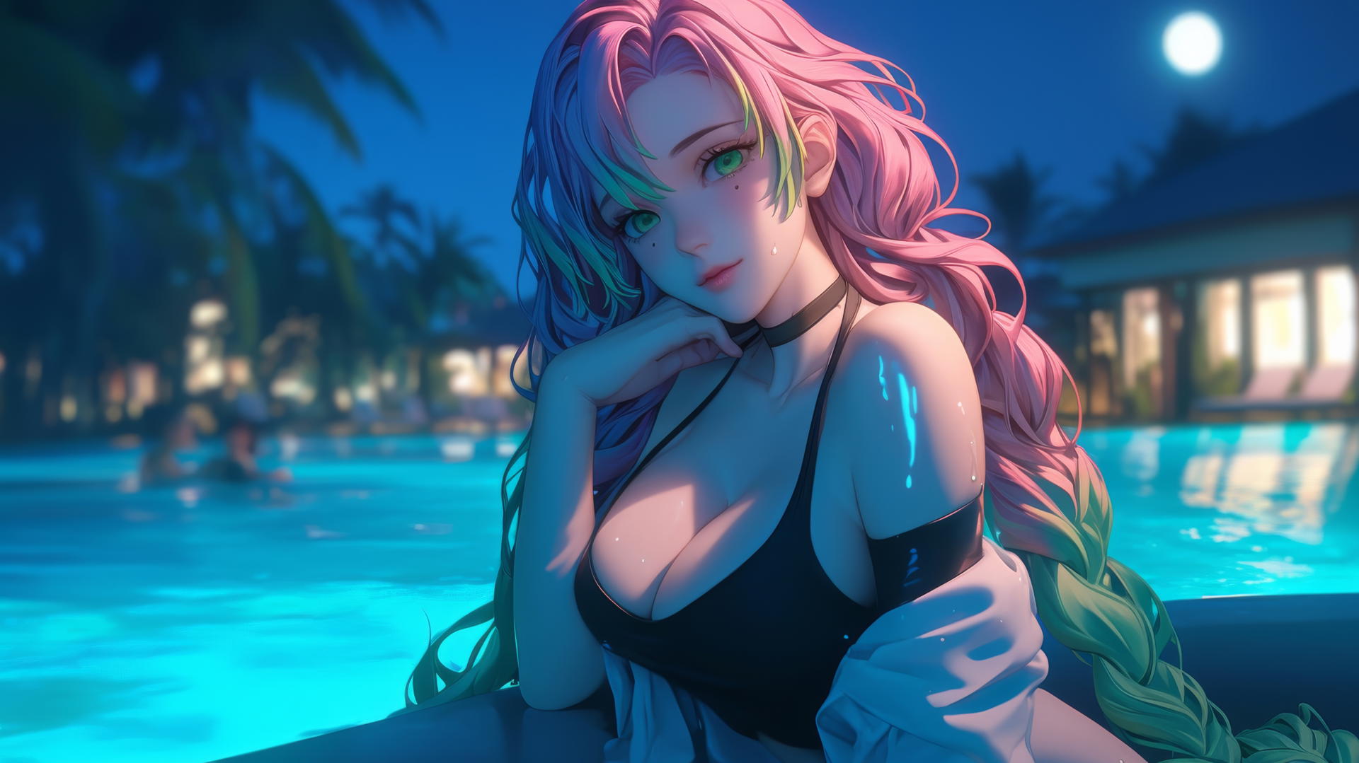 Mitsuri Kanroji from Demon Slayer resting by a rainy swimming pool under moonlight
