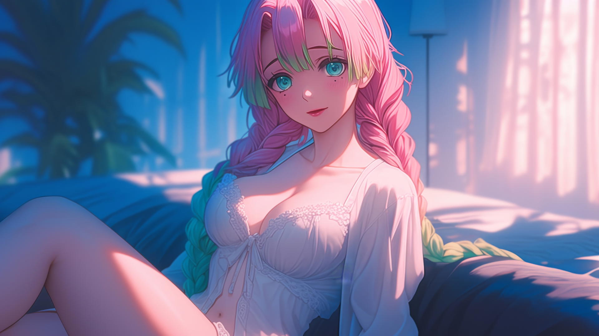 Mitsuri Kanroji with pink and lime green hair resting in a modern hotel room with moonlight glow