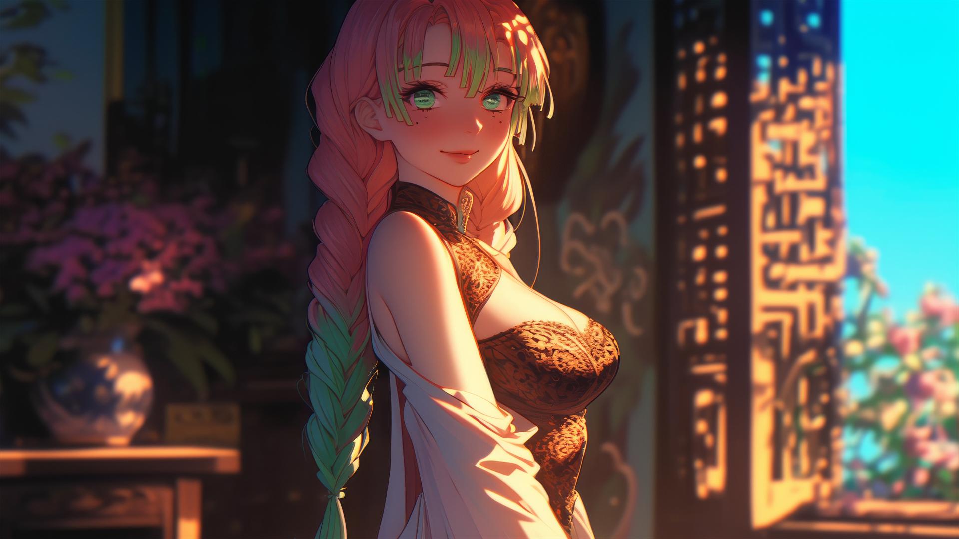 Mitsuri Kanroji from Demon Slayer stands in her house at sunrise, bathed in soft glow.