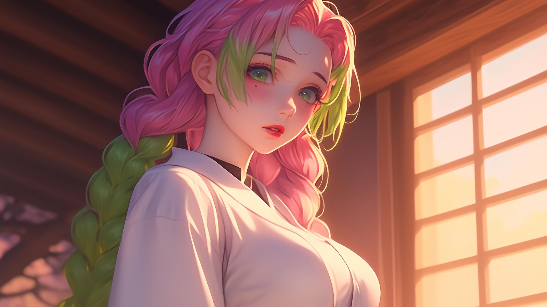 Mitsuri Kanroji from Demon Slayer standing indoors at sunrise with light pink and green hair.