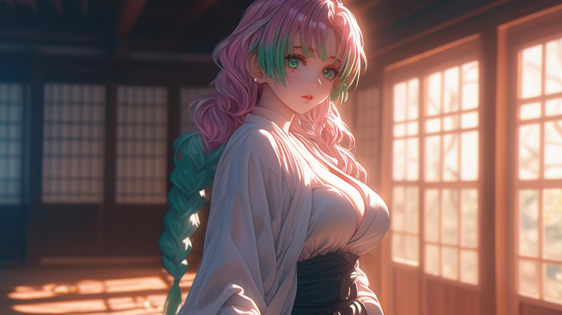 Mitsuri Kanroji stands in her house at sunrise, soft glow on pink to lime green hair.