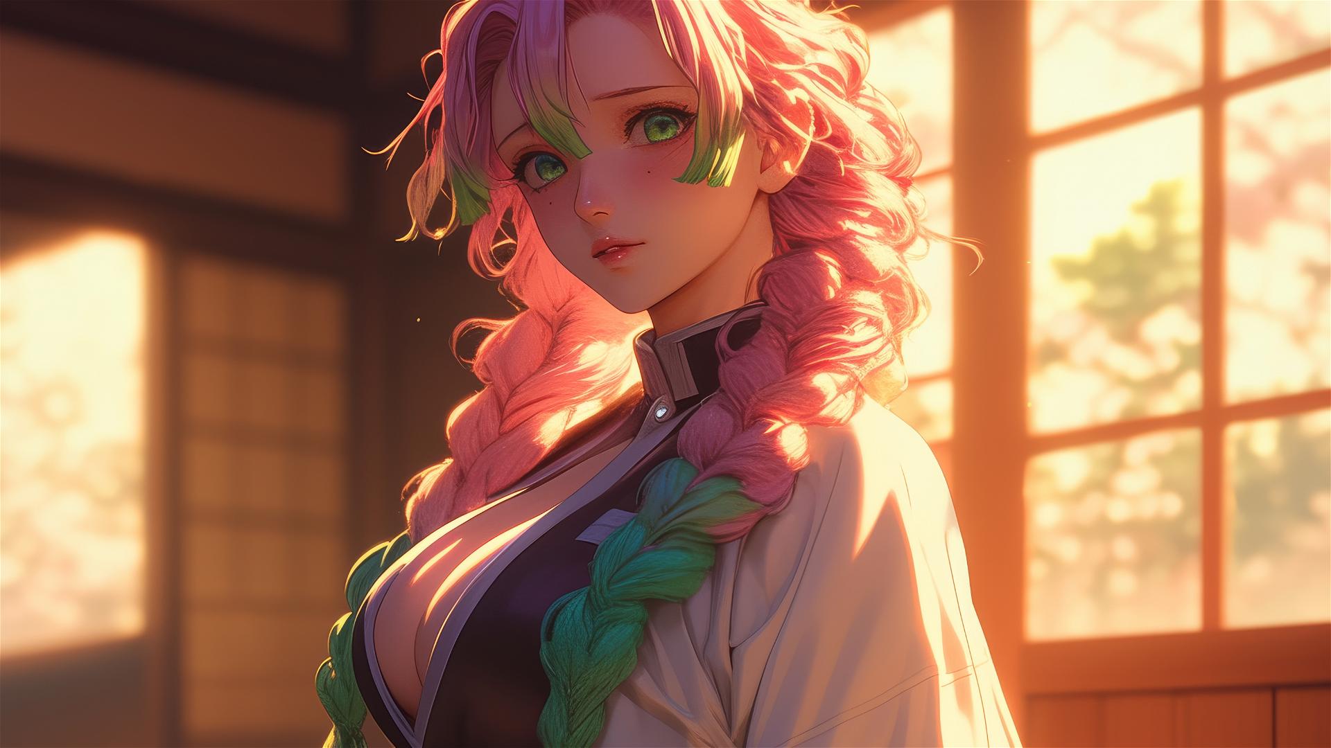 Mitsuri Kanroji from Demon Slayer standing in her house at sunrise with warm light.