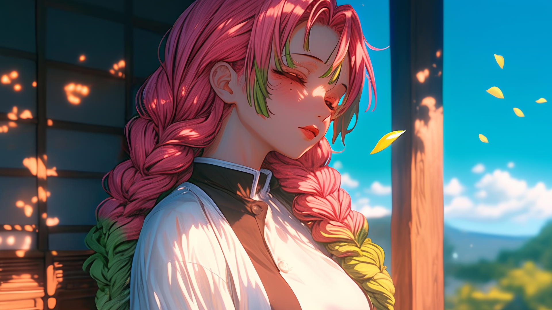 Mitsuri Kanroji from Demon Slayer at sunrise with pink and green hair.