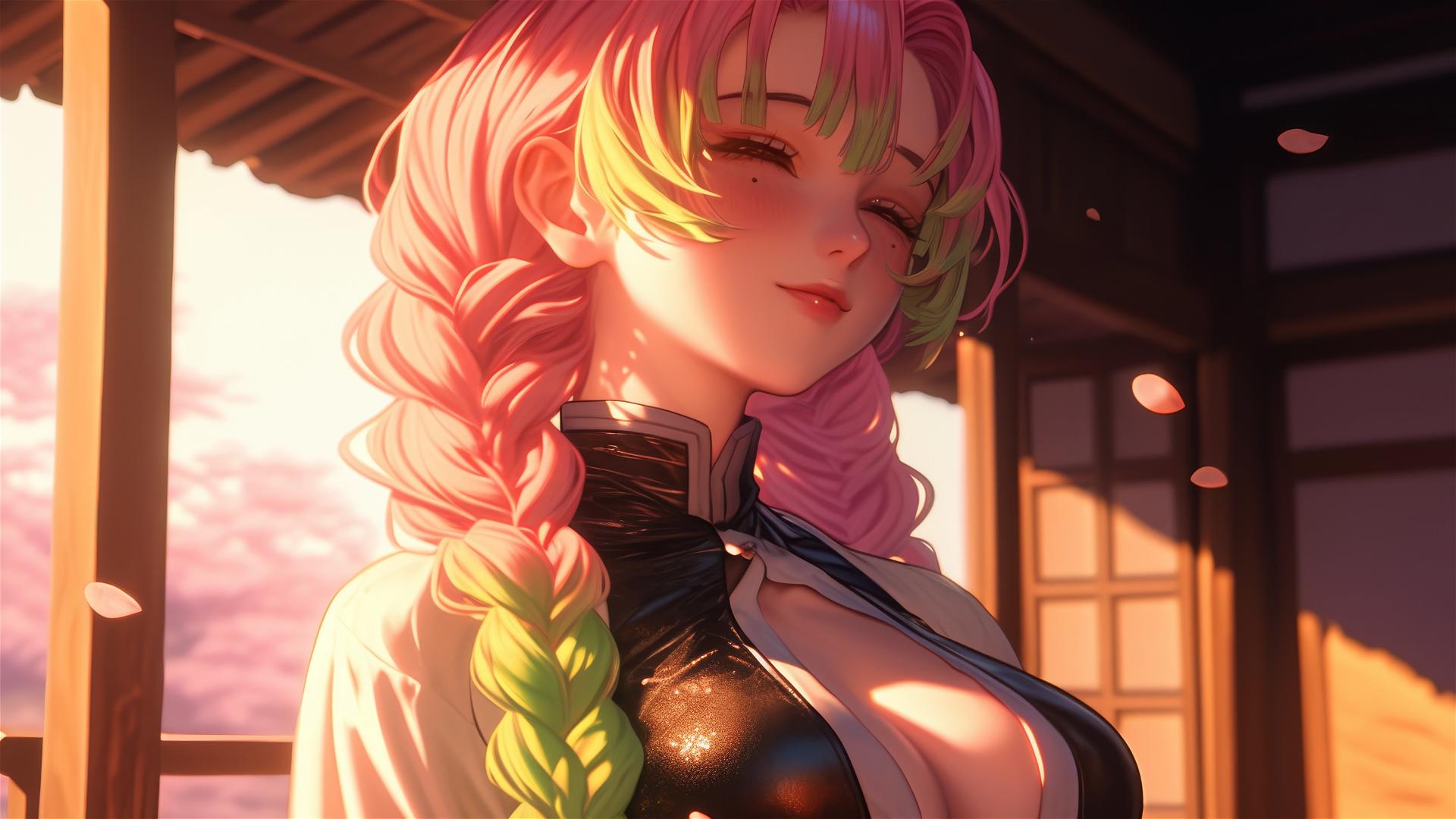 Mitsuri Kanroji standing in her house at sunrise, warm light casting a glow.