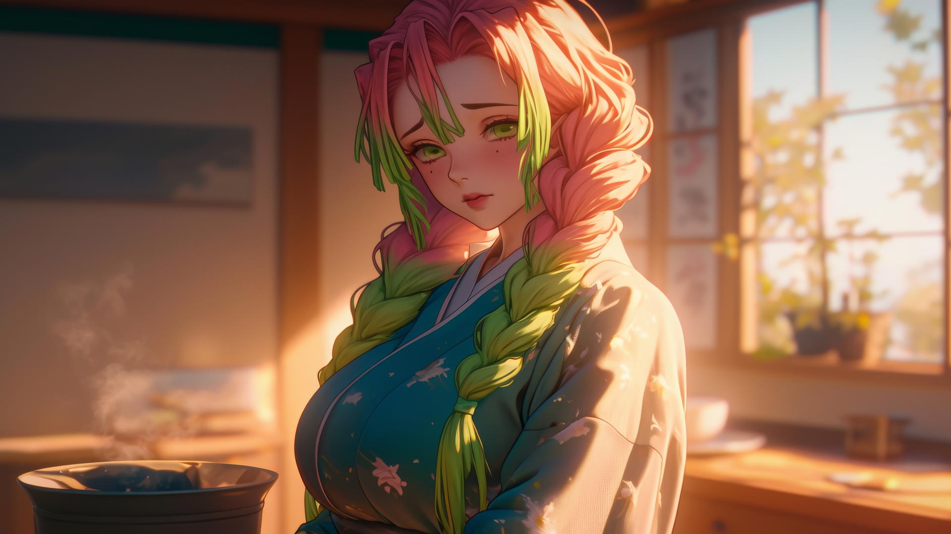 Mitsuri Kanroji from Demon Slayer standing in her house at sunrise with pink and lime green hair.