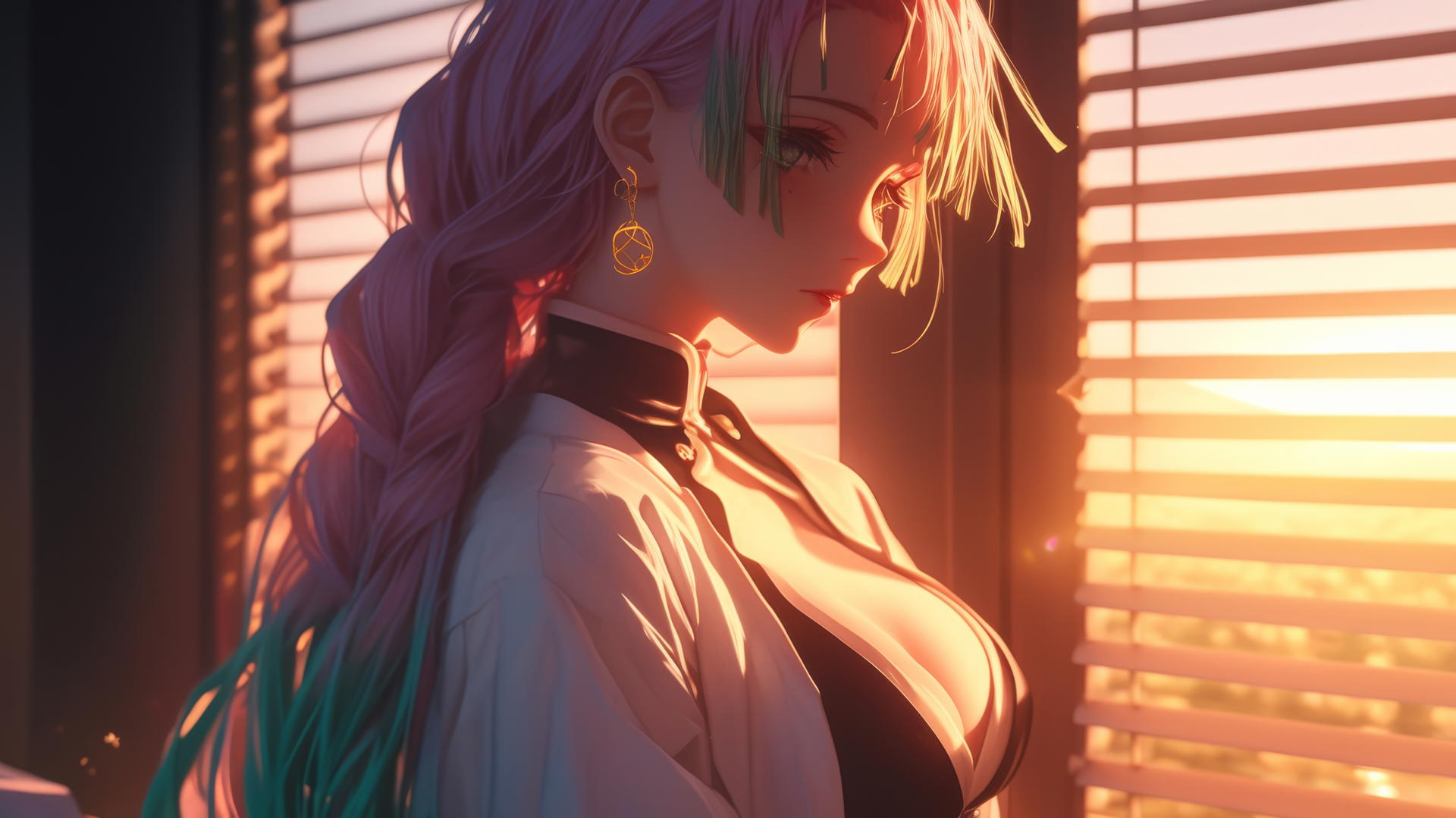 Mitsuri Kanroji standing by a modern apartment window at sunrise.