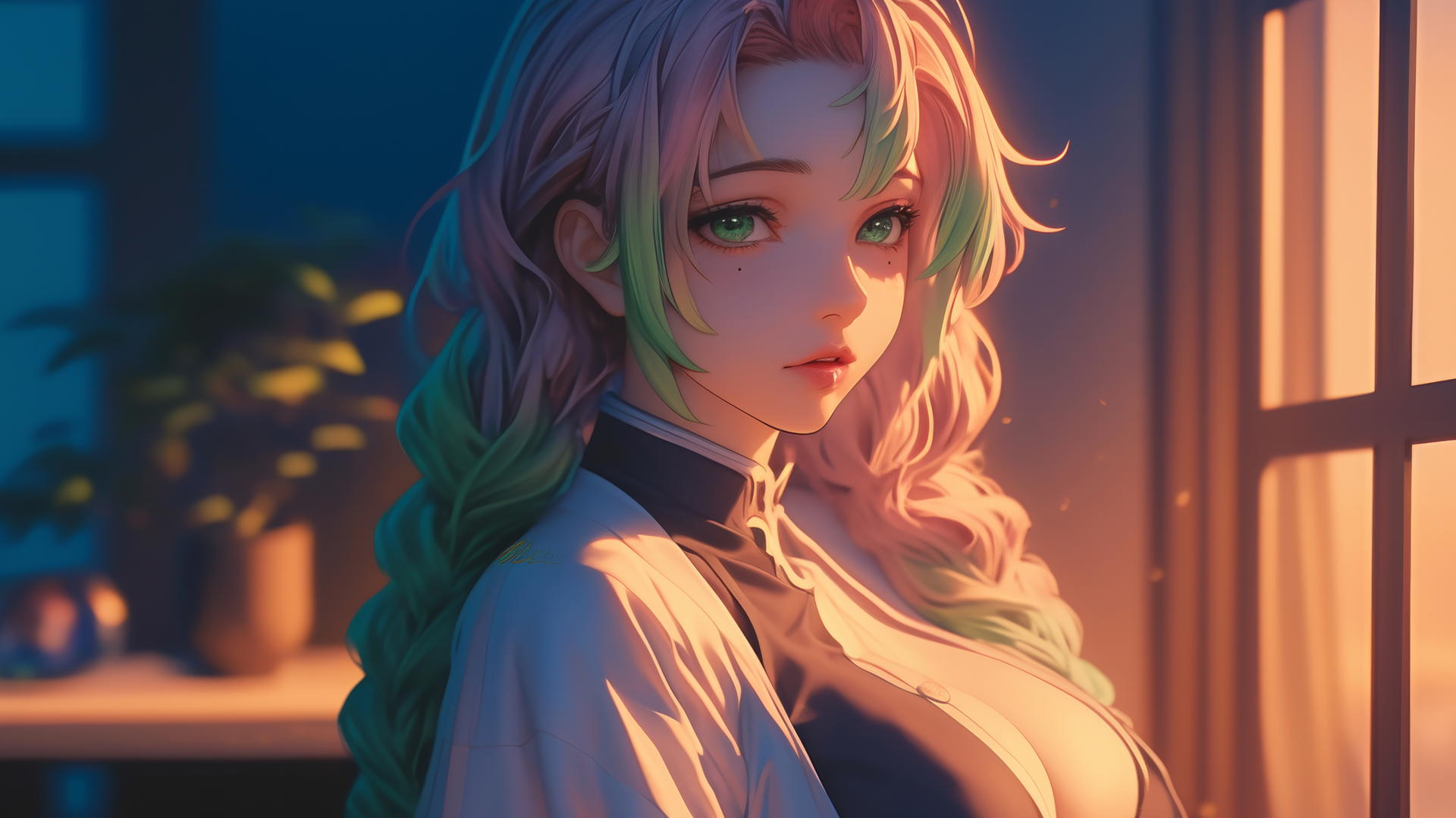 Mitsuri Kanroji from Demon Slayer standing by modern apartment window at sunrise with soft glowing light
