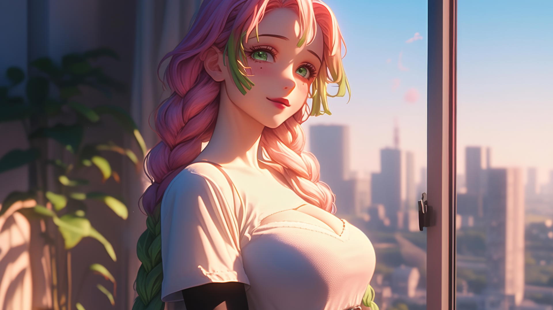 Mitsuri Kanroji from Demon Slayer by a modern apartment window at sunrise, warm light glowing on her