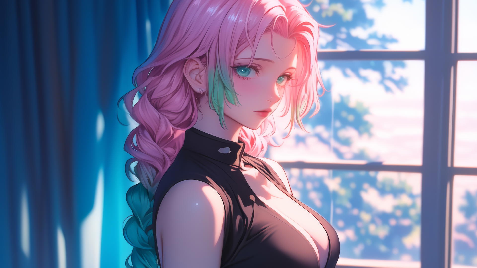 Mitsuri Kanroji in modern apartment, sunrise glow, pink to green hair