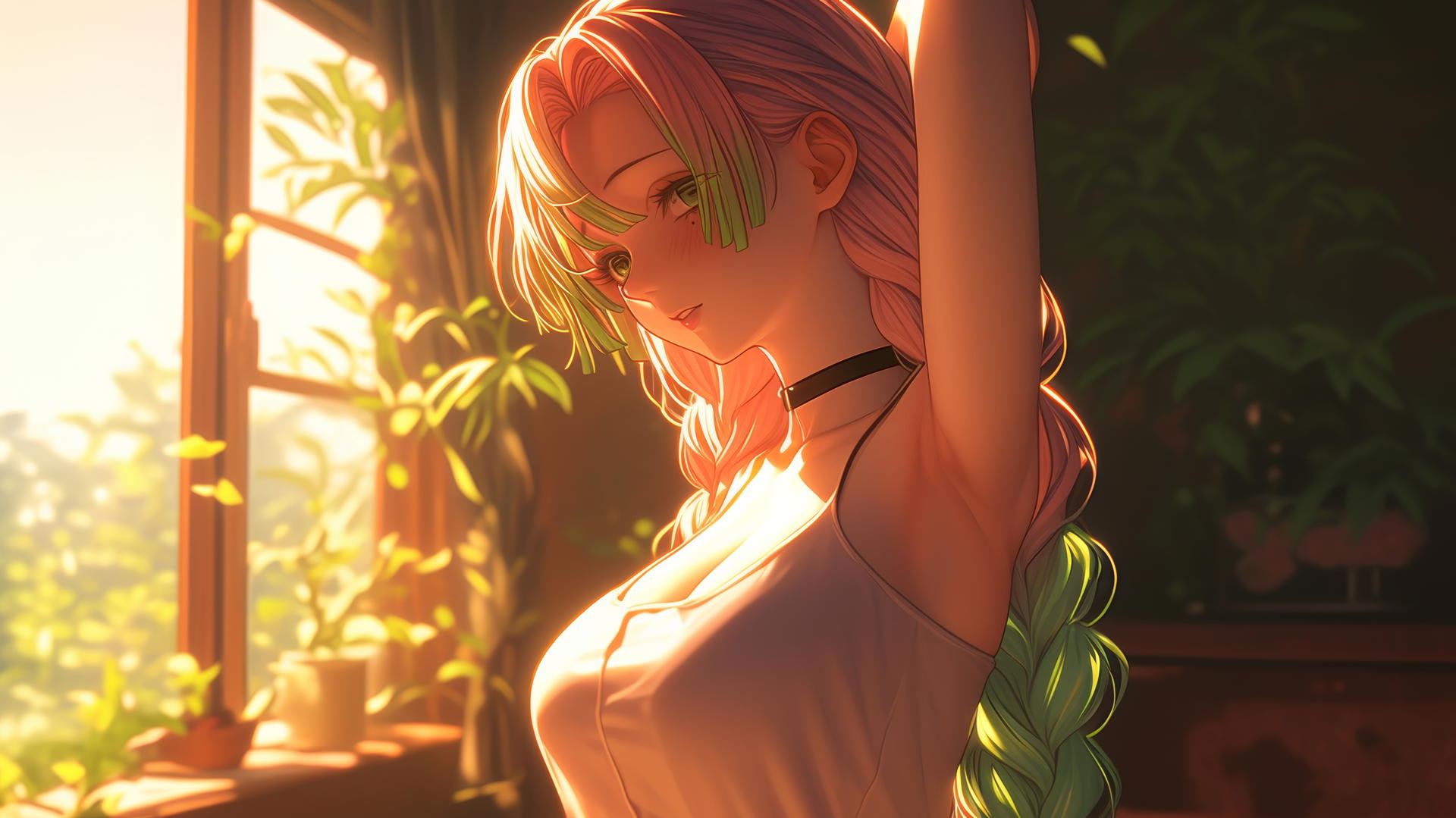 Mitsuri Kanroji by modern apartment window at sunrise with pink and green hair