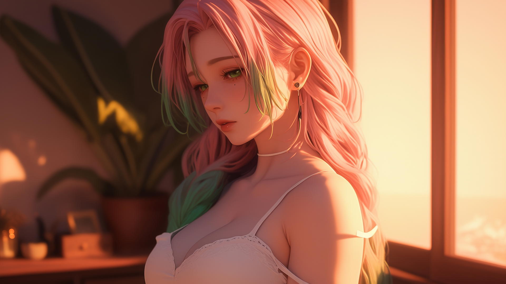 Mitsuri Kanroji from Demon Slayer by apartment window at sunrise