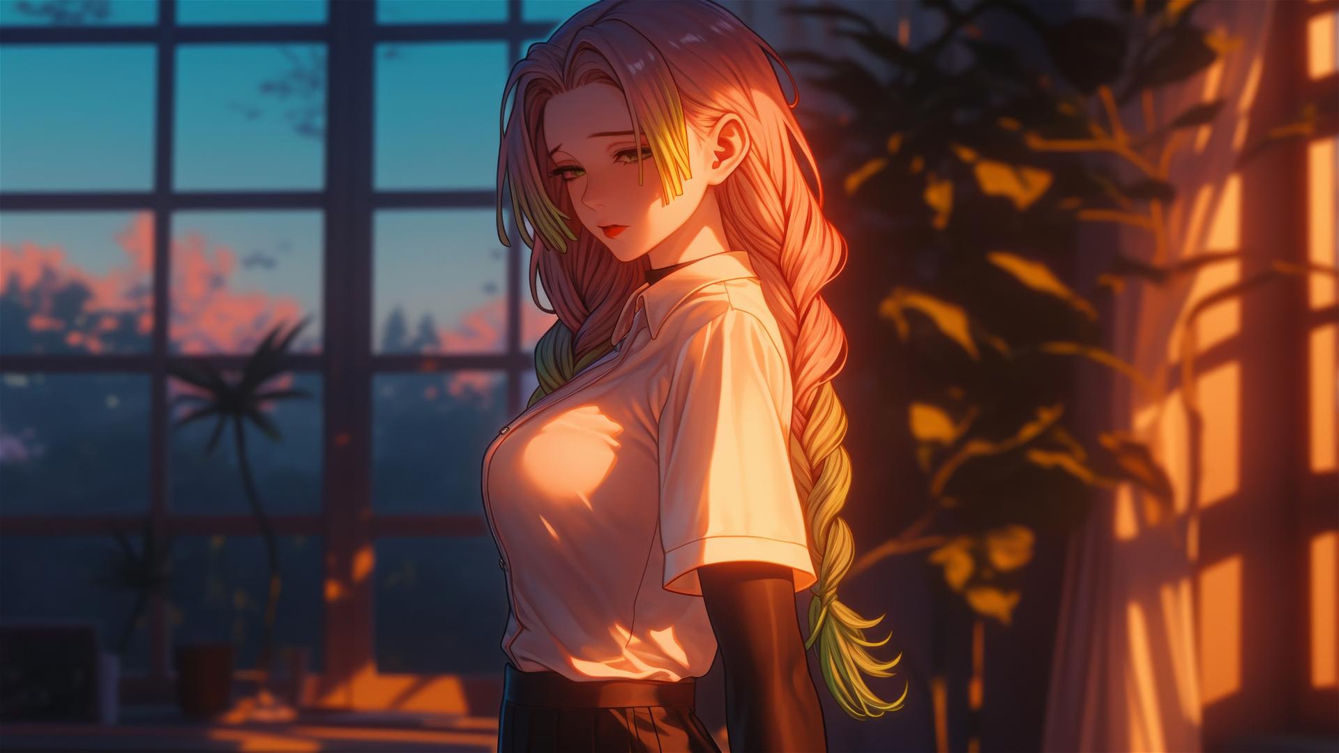 Mitsuri Kanroji standing by modern apartment window at sunrise, hair pink to lime green