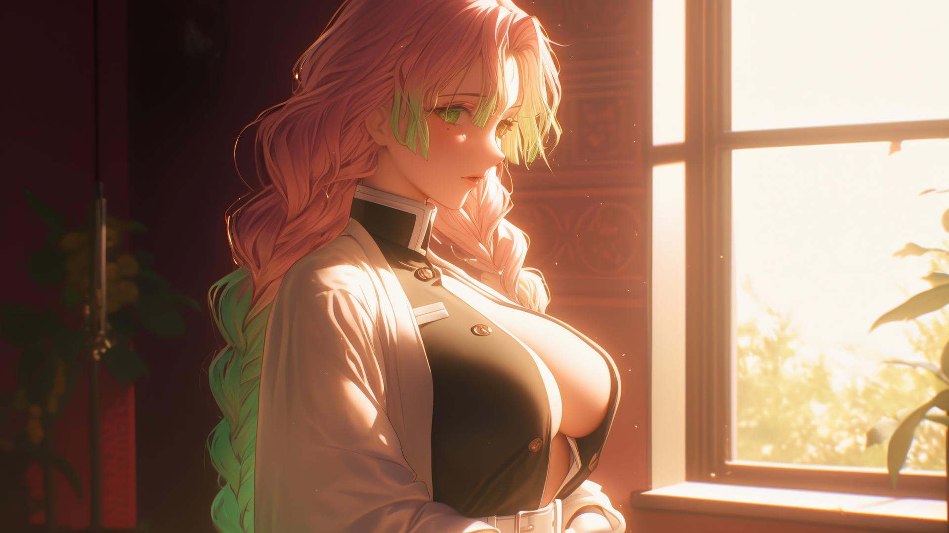 Mitsuri Kanroji standing by modern apartment window at sunrise with pink to lime green hair