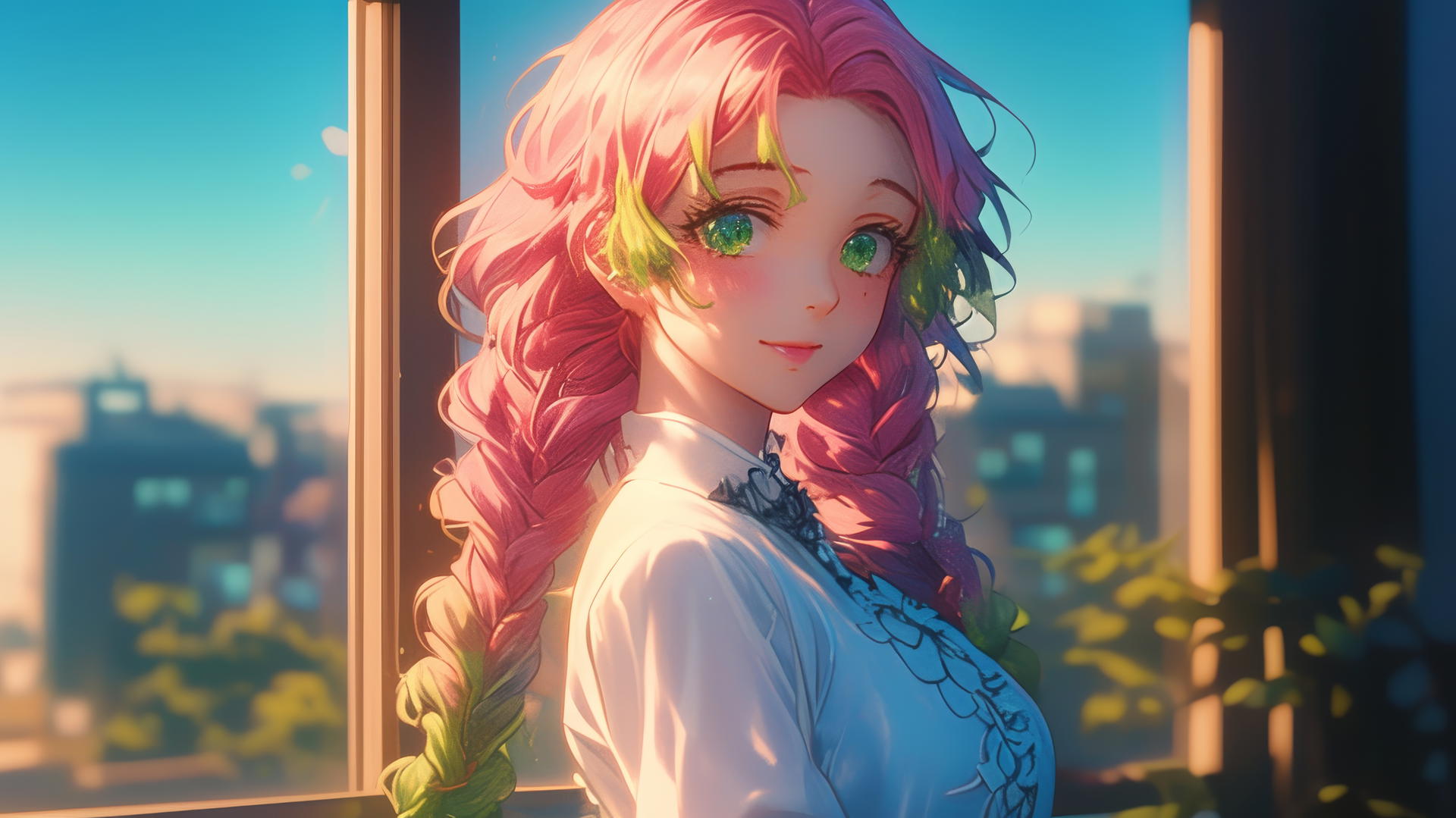 Mitsuri Kanroji from Demon Slayer by modern apartment window at sunrise