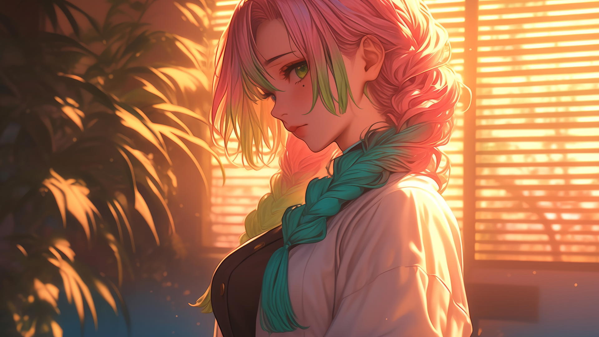 Mitsuri Kanroji from Demon Slayer stands by modern apartment window at sunrise with pink to lime green hair.