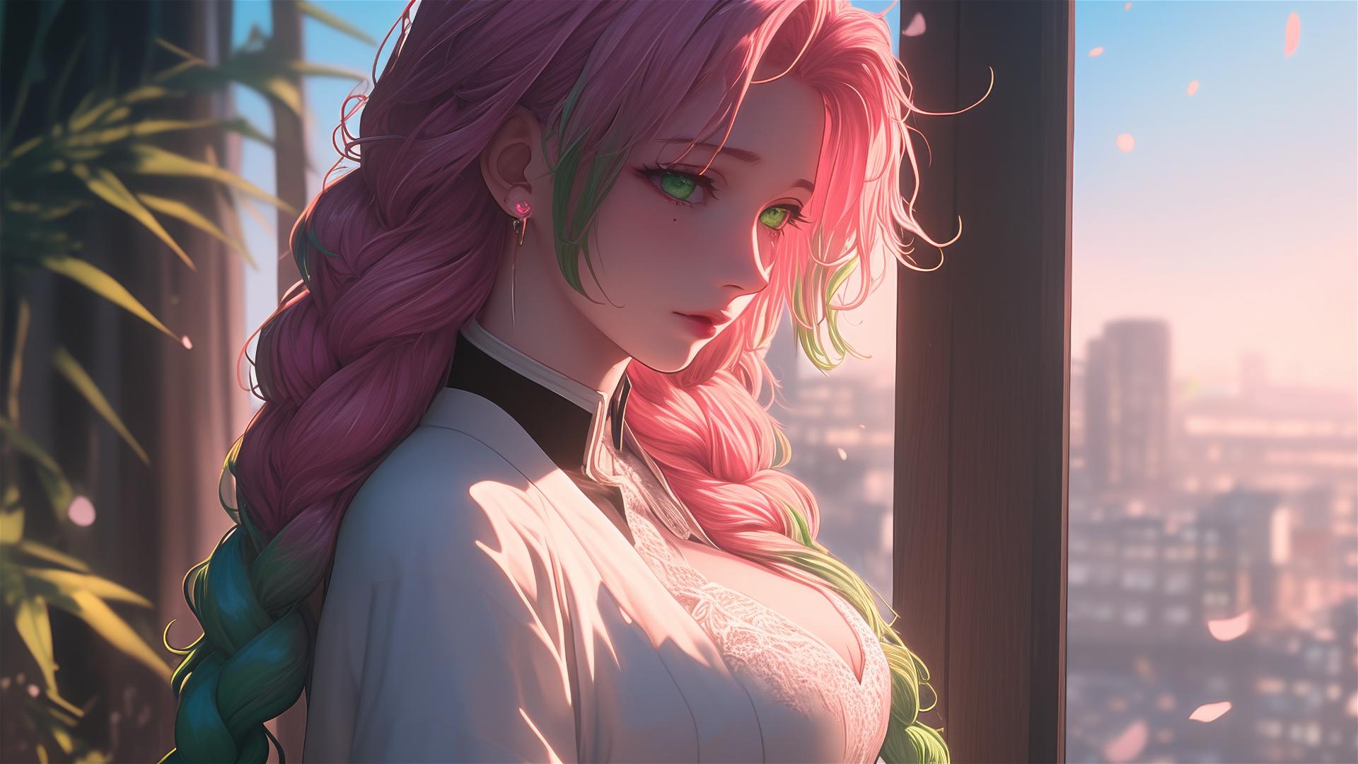 Mitsuri Kanroji from Demon Slayer by a modern apartment window at sunrise