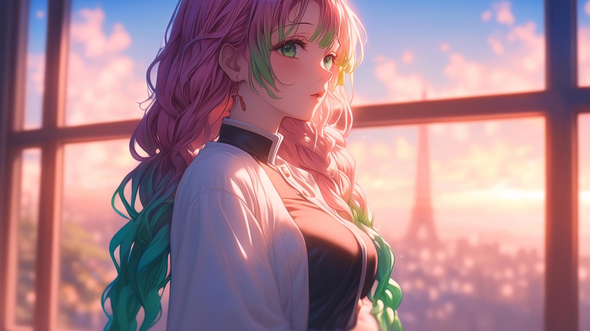 Mitsuri Kanroji from Demon Slayer standing by a modern apartment window at sunrise.