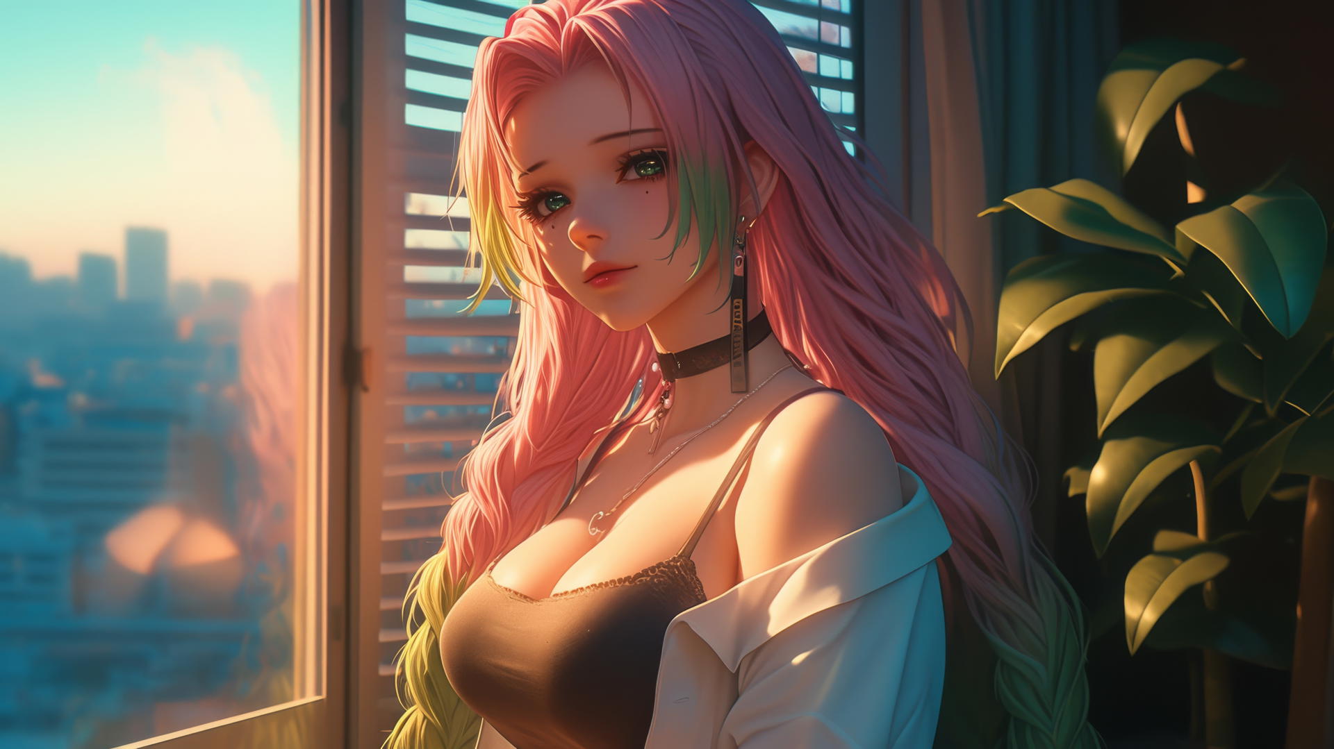 Mitsuri Kanroji from Demon Slayer by modern apartment window at sunrise
