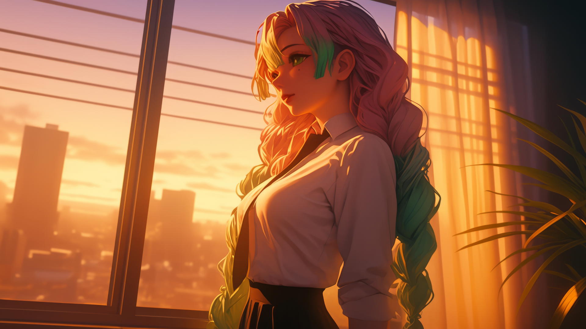 Mitsuri Kanroji standing by modern apartment window at sunrise with soft light glow