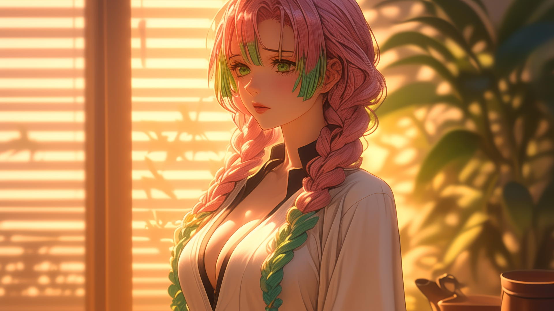 Mitsuri Kanroji standing by a modern apartment window at sunrise with pink and green hair.