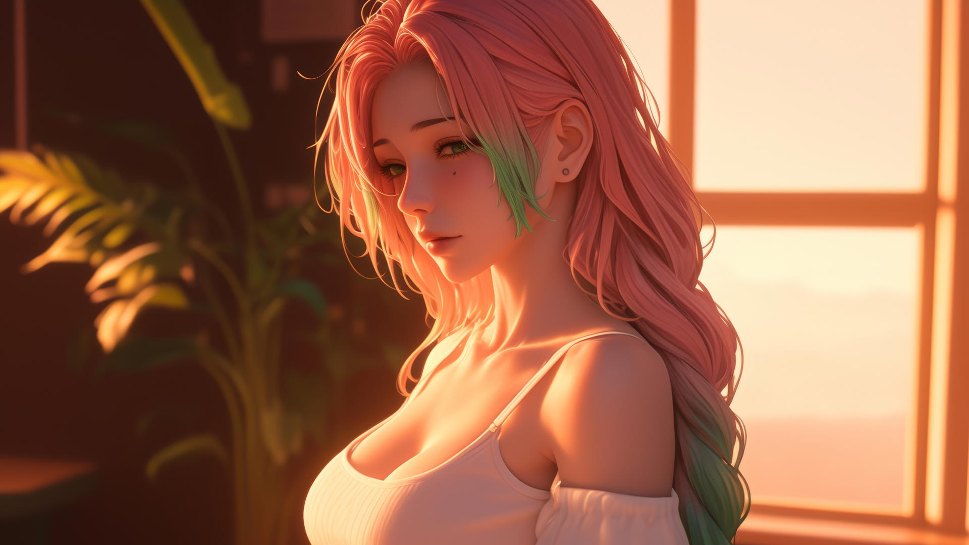 Mitsuri Kanroji from Demon Slayer by a modern apartment window at sunrise.