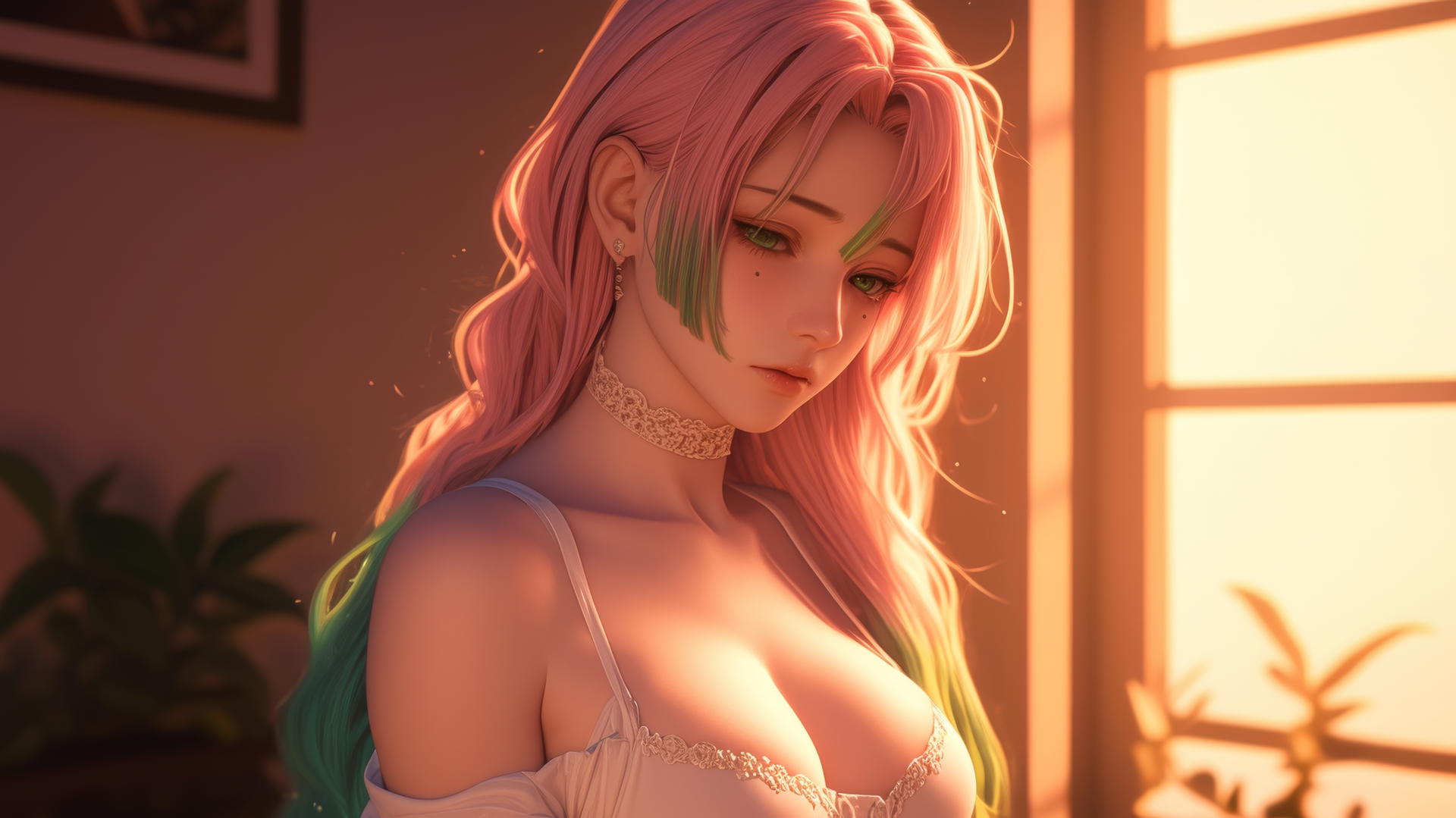 Mitsuri Kanroji standing by an apartment window at sunrise with soft glowing light.