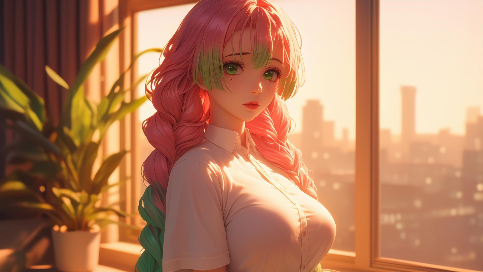 Mitsuri Kanroji from Demon Slayer stands by a modern apartment window at sunrise.