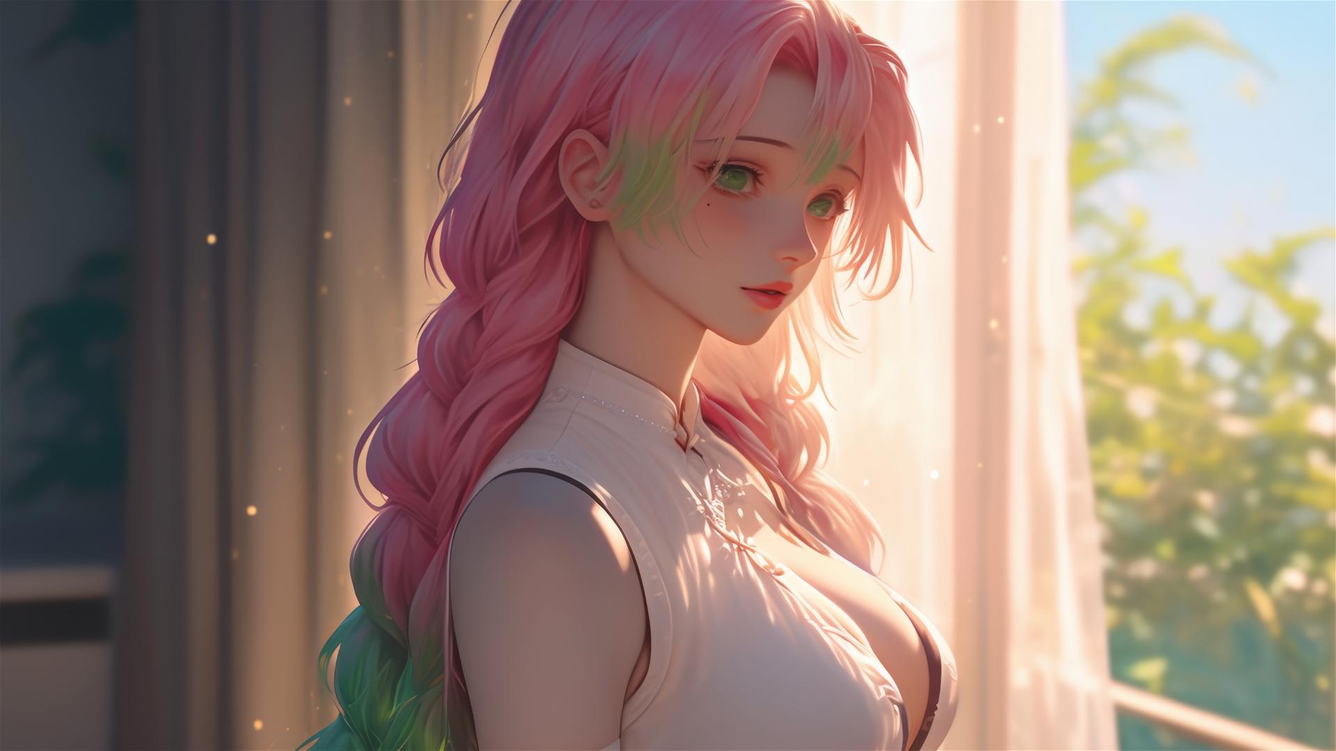 Mitsuri Kanroji standing by a modern apartment window at sunrise.