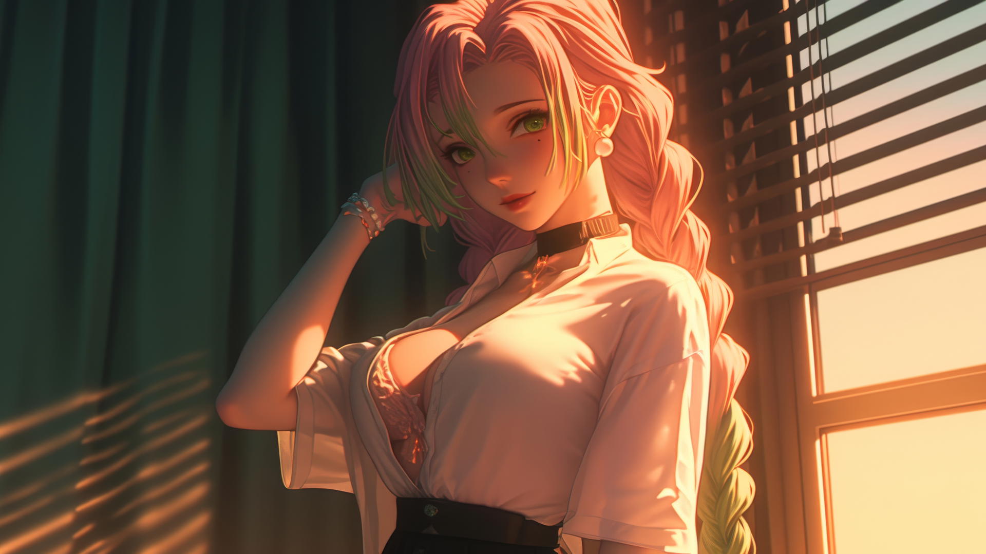Mitsuri Kanroji from Demon Slayer standing by modern apartment window at sunrise with softly glowing light.