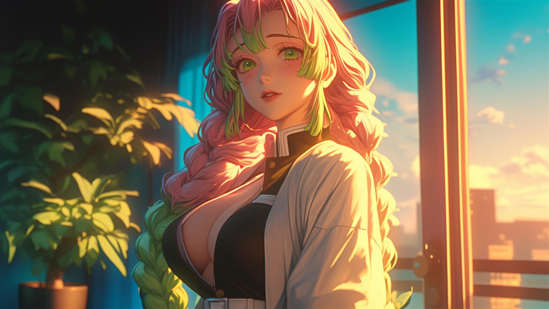 Mitsuri Kanroji standing by a modern apartment window at sunrise with warm light.