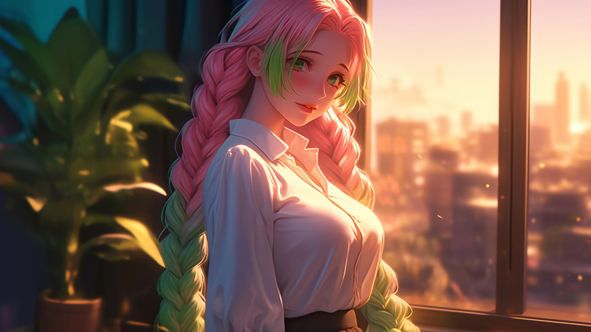 Mitsuri Kanroji standing by a modern apartment window at sunrise with soft glow light.