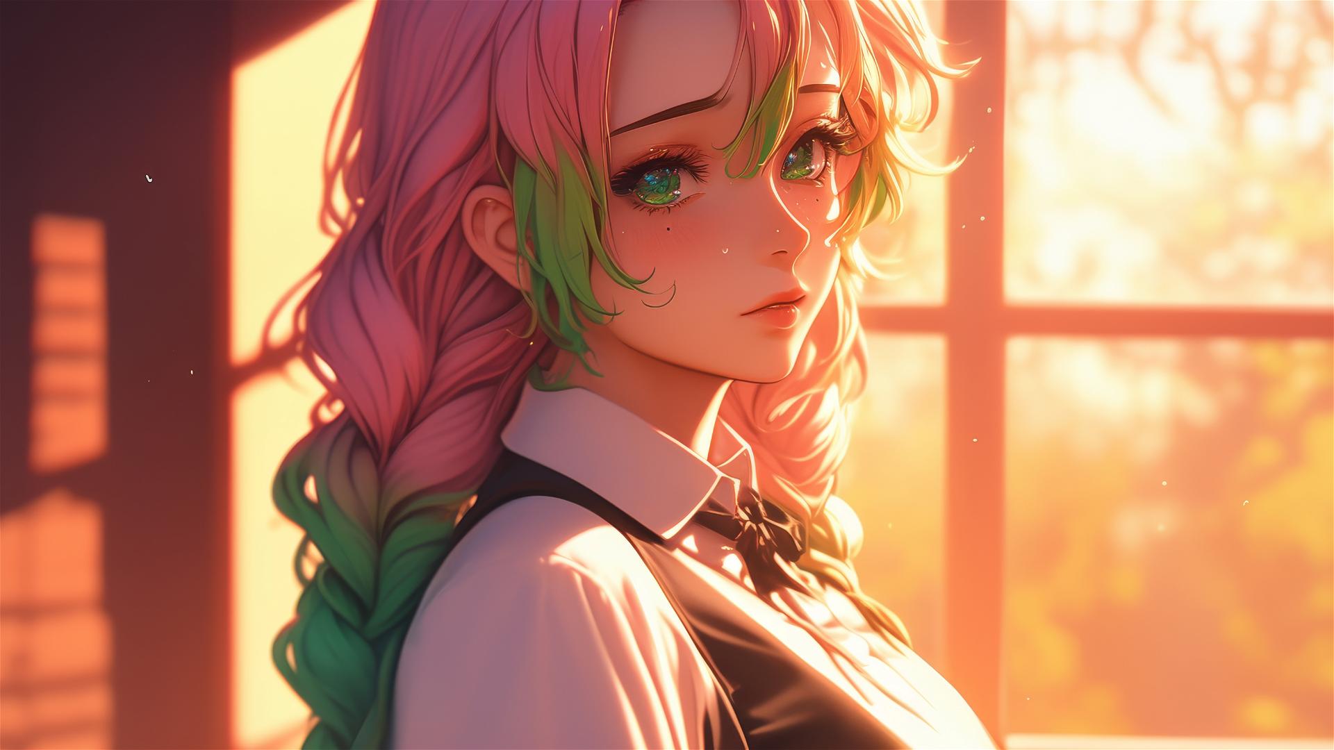 Mitsuri Kanroji standing by modern apartment window at sunrise