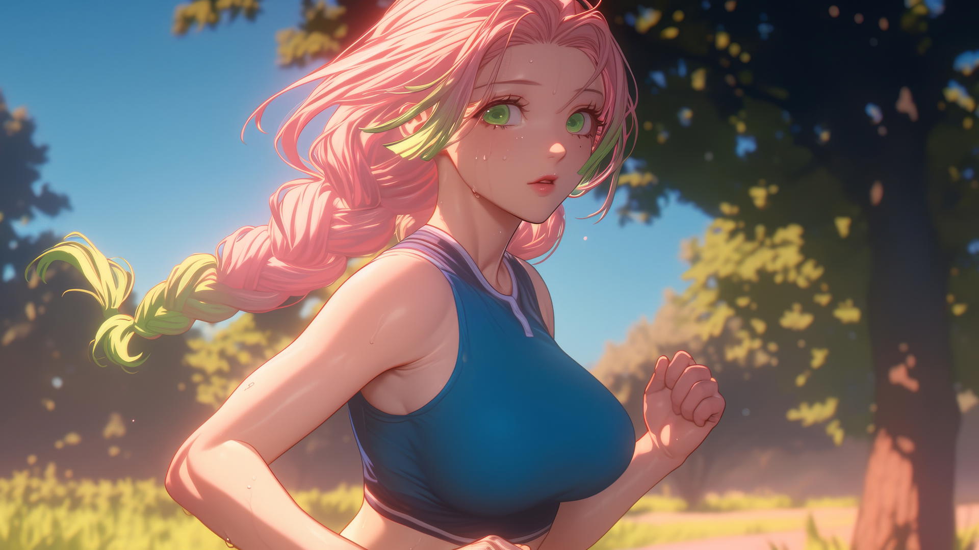 Mitsuri Kanroji running in a modern park at sunrise, with light pink and lime green hair.