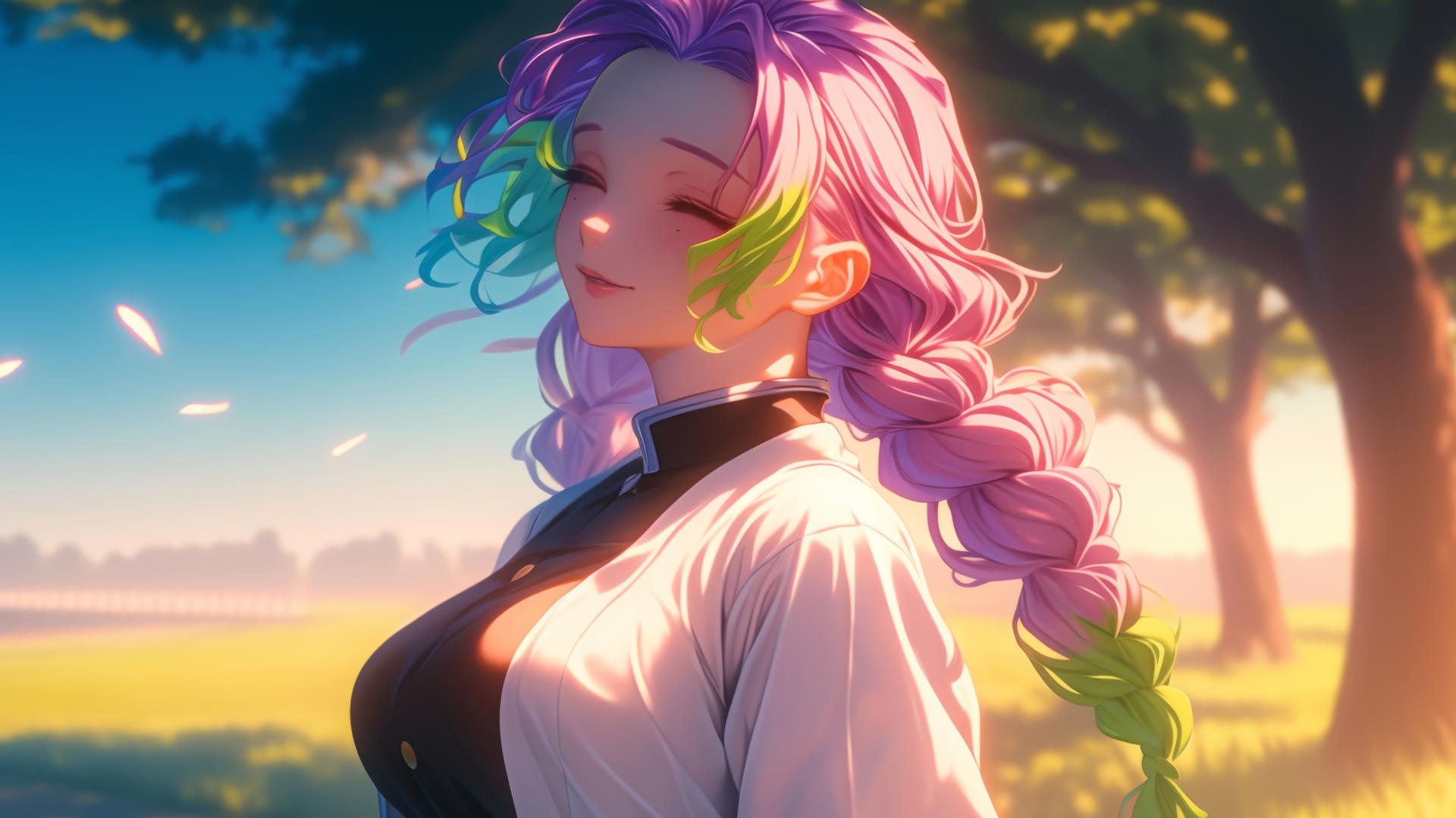 Mitsuri Kanroji running in a quiet modern park at sunrise