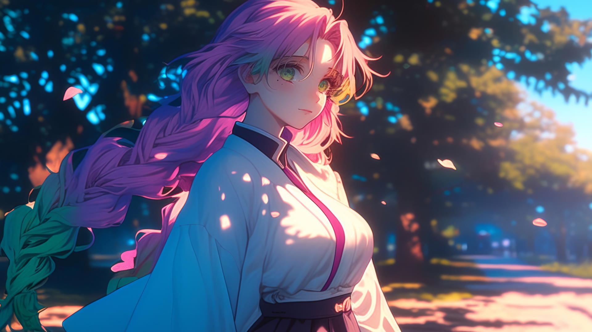 Mitsuri Kanroji running in a quiet modern park at sunrise with soft glowing light.