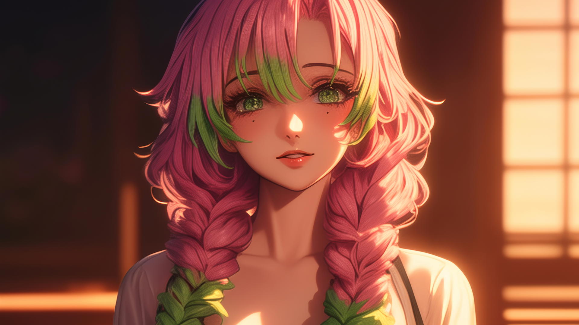 Mitsuri Kanroji from Demon Slayer dining at a high-end restaurant with soft glow lighting