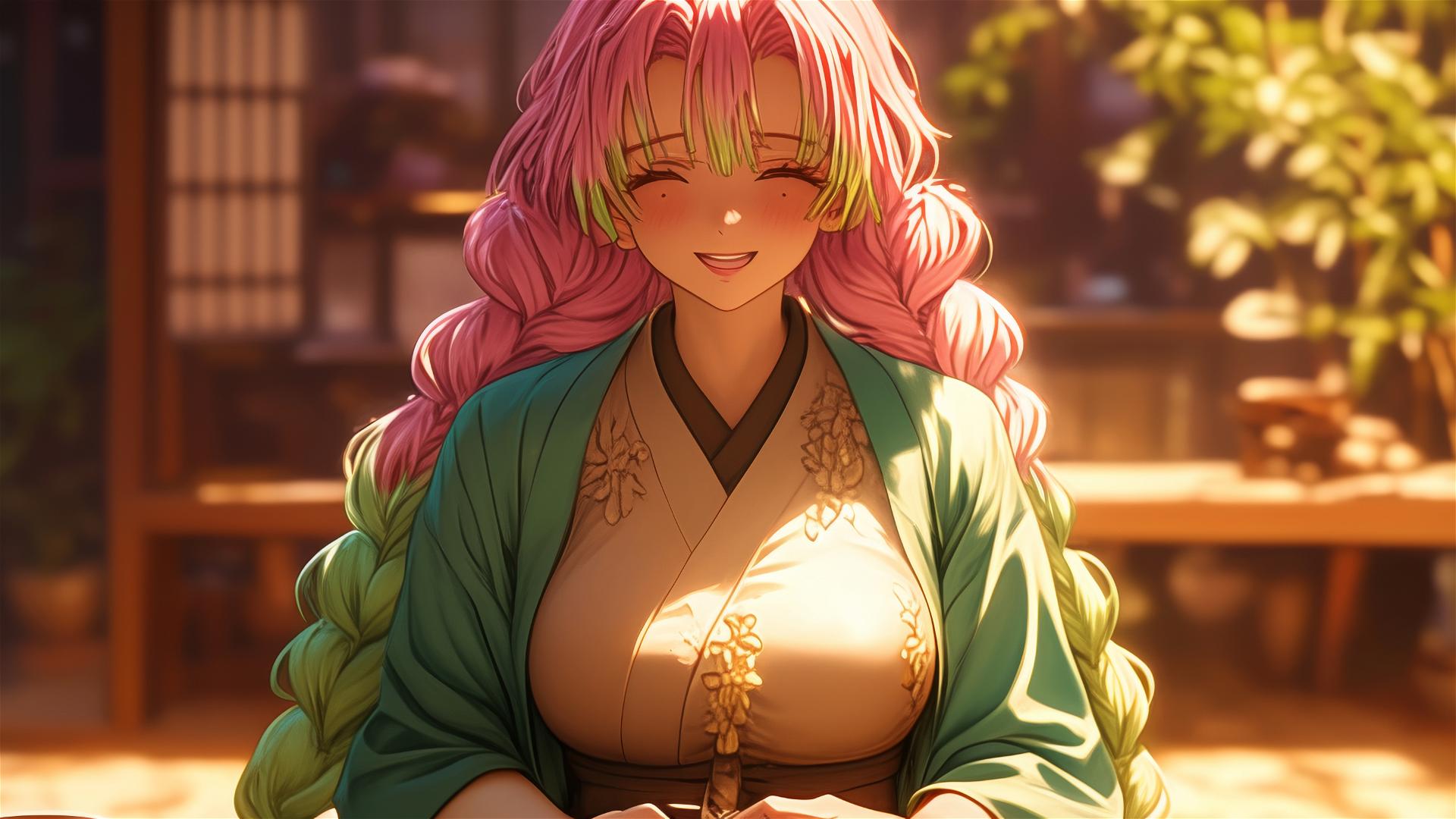 Mitsuri Kanroji dining in a high-end restaurant with soft warm light