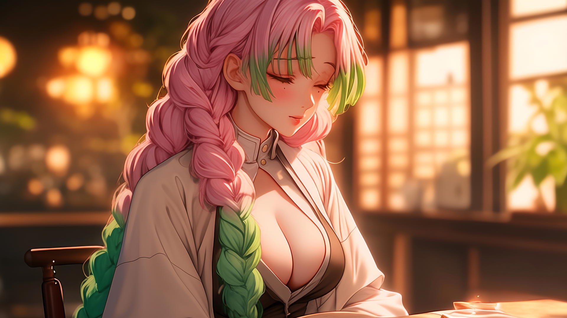 Mitsuri Kanroji dining in a high-end restaurant with soft, warm lighting.