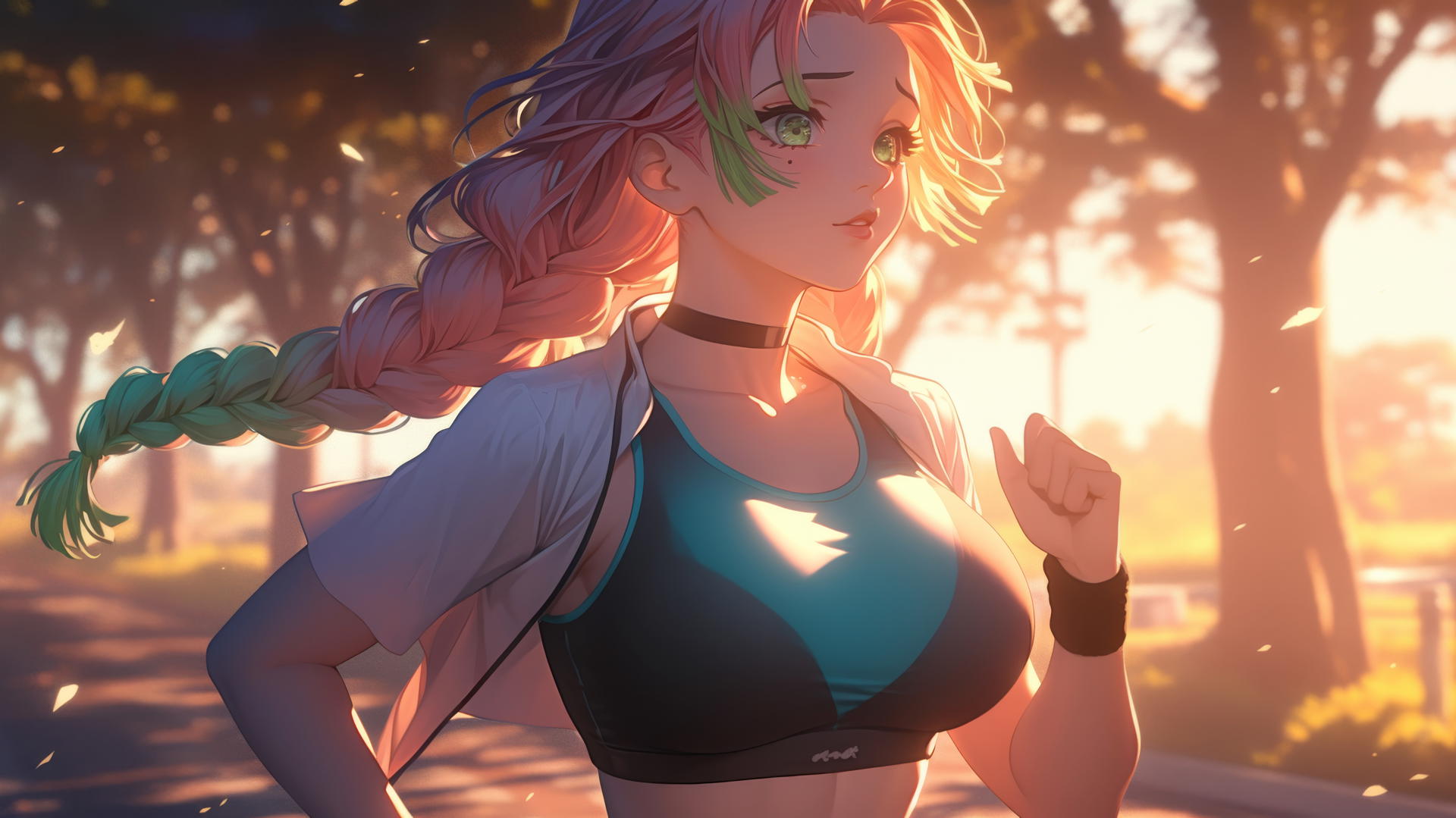 Mitsuri Kanroji running in a modern park at sunrise with pink to green hair.