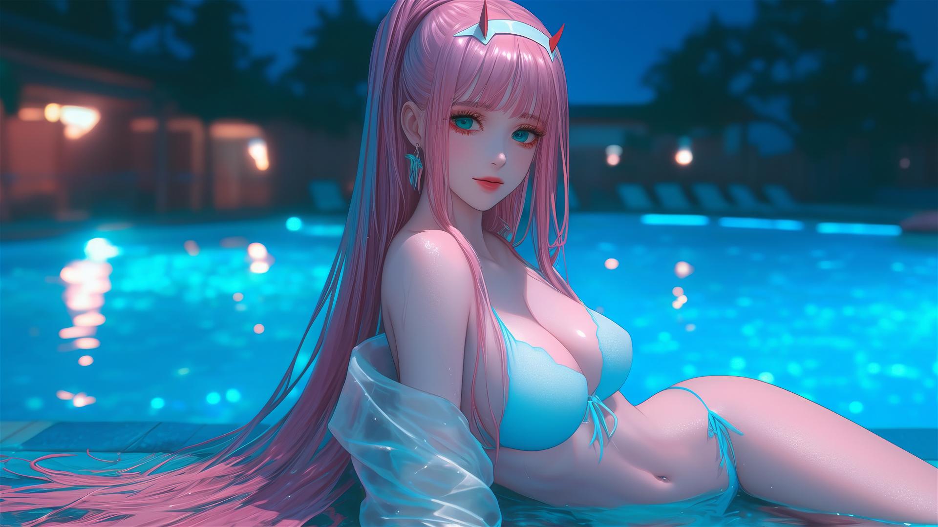 Zero Two from DARLING in the FRANXX resting by a rainy pool under moonlight