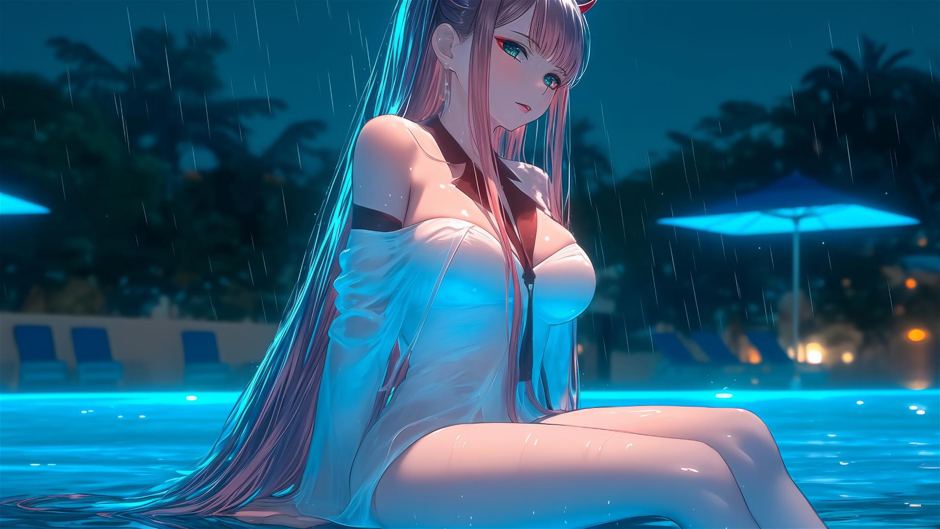 Zero Two from DARLING in the FRANXX, relaxing by a rainy swimming pool with moonlight glow, long pink hair.