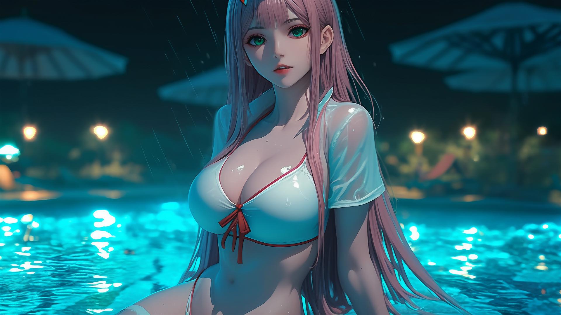 Zero Two from DARLING in the FRANXX resting by a rainy swimming pool, moonlight glow.