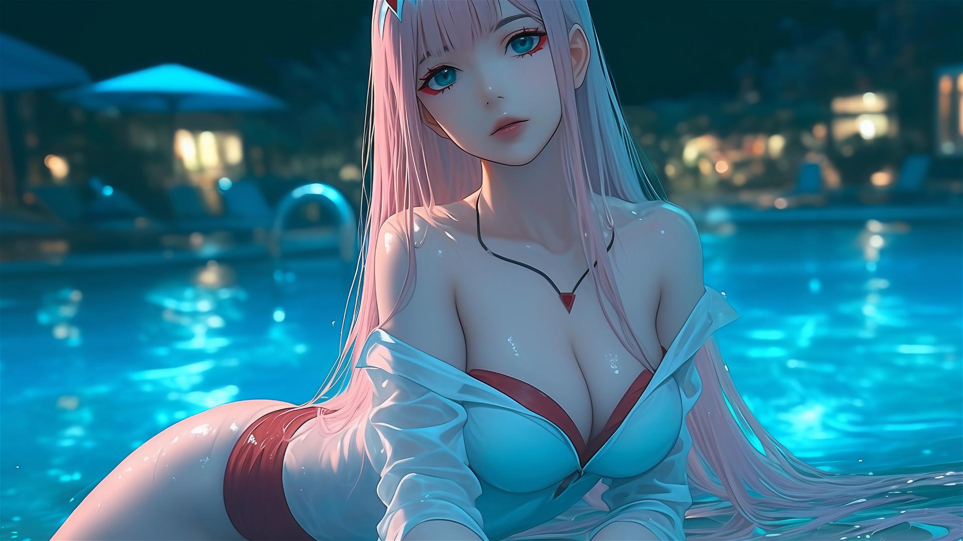 Zero Two from DARLING in the FRANXX resting by a rainy swimming pool, moonlight glow